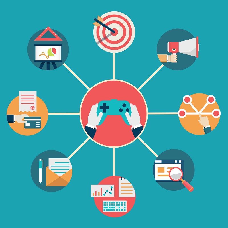 Vector flat concept of gamification in business. Management and commerce - vector illustration
